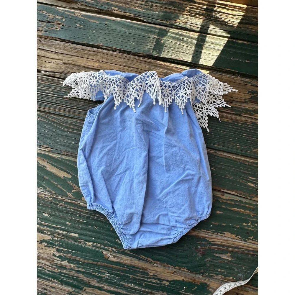Rorychen Baby Blue Lace Trim Bubble Romper Sunsuit Size 80 Snaps Summer Boho